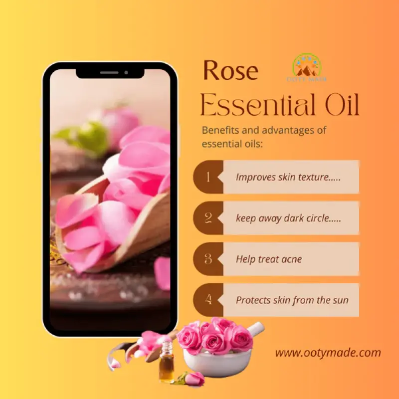 Buy rose essential oil for skin, hair, and aroma diffusers.