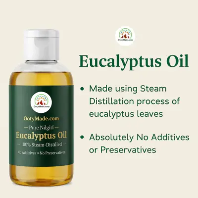 OotyMade.com Pure Nilgiri Eucalyptus Oil – Steam-Distilled Nilagiri Thailam for Cold, Cough, Hair, Diffuser, Room Freshener & Spa Use