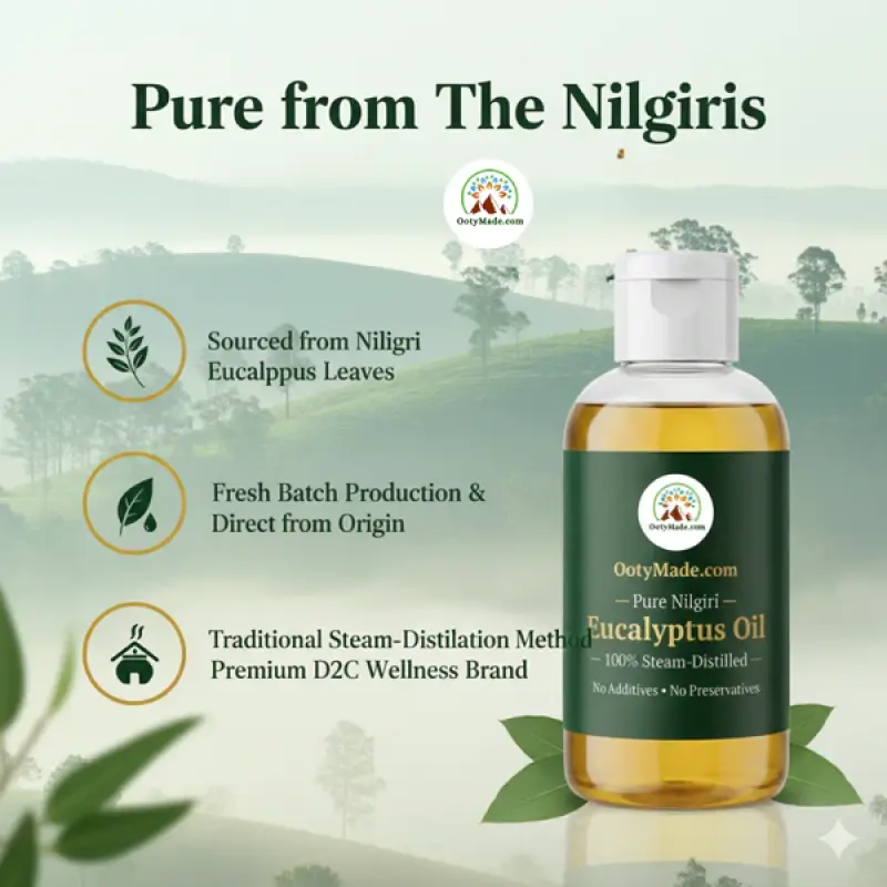 OotyMade.com Pure Nilgiri Eucalyptus Oil – Steam-Distilled Nilagiri Thailam for Cold, Cough, Hair, Diffuser, Room Freshener & Spa Use